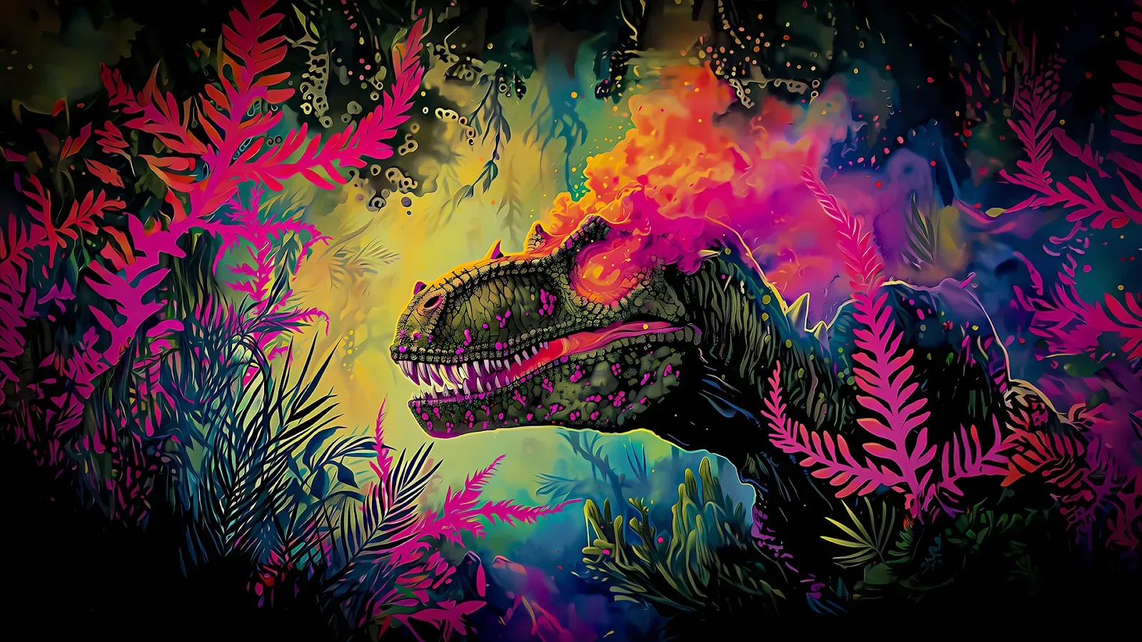 PC WALLPAPER 4K of a Vivid T-Rex among neon jungle foliage