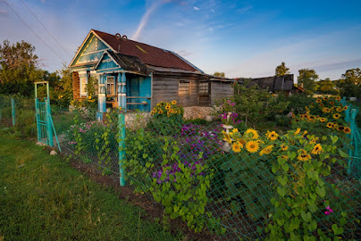 A house painted blue in front to the left with a garden on the right that has sunflowers in front.