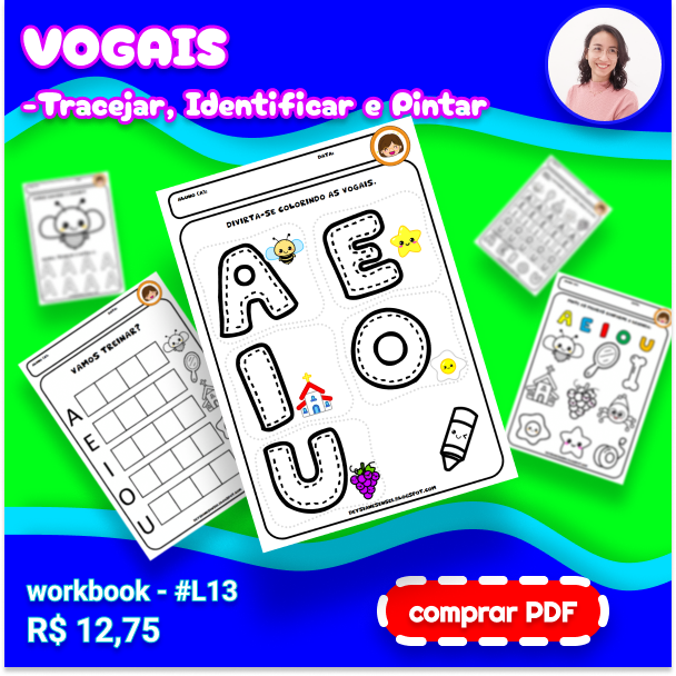 atividade para download vogais em PDF, Vogal A, Vogal E, Vogal I, Vogal O, Vogal U