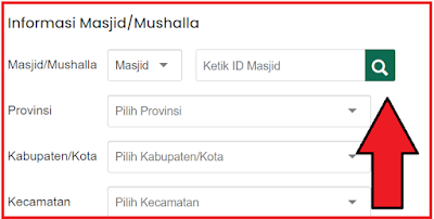 Isilah lokasi Masjid/Musala Anda dengan klik Masjid/Musalla, kemudian masukkan No. ID Masjid (115 digit angka) lalu klik pencarian