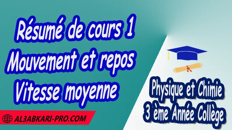 Résumé de cours 1 Mouvement et repos - Vitesse moyenne - 3 ème Année Collège 3APIC pdf Mouvement et repos - Vitesse moyenne, Physique et Chimie de 3 ème Année Collège BIOF 3AC , 3APIC option française , Cours de Mouvement et repos - Vitesse moyenne , Résumé de Mouvement et repos - Vitesse moyenne , Exercices corrigés de Mouvement et repos - Vitesse moyenne , Activités de Mouvement et repos - Vitesse moyenne , Devoirs corrigés , Fiches pédagogiques de Mouvement et repos - Vitesse moyenne , Contrôle corrigé , Examens régionaux corrigés , Travaux dirigés td الثالثة اعدادي خيار فرنسي , مادة الفيزياء والكيمياء خيار فرنسية , الثالثة اعدادي , مسار دولي