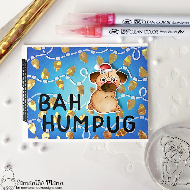 Bah Humpug Card by Samantha Mann | Pug Hugs Stamp Set, Light Strings Stencil Set and Essential Alphabet Die Set by Newton's Nook Designs #newtonsnook #handmade