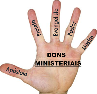 Os dons que são concedidos na pessoa do Filho, ou seja, de Jesus Cristo, são chamados dos cinco ministérios (1 Co. 12:5), quais sejam: ministério apostólico (empresários, missionários), ministério profético (exortar, consolar, edificar, mostrar e indicar o caminho), ministério evangelístico (ir e anunciar as boas novas), ministério pastoral (cuidado, proteção) e ministério de mestre (ensino, professor). (Ef. 4:11).