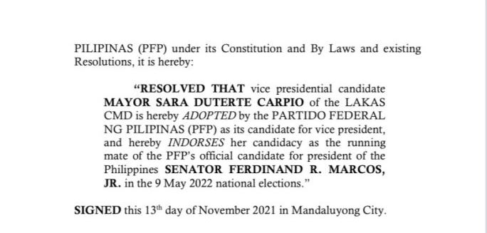 Bongbong Marcos' party adopts Sara Duterte as VP bet
