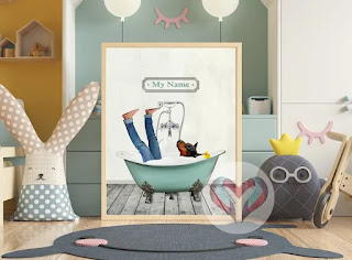 Cute poster of pet in a bathtub with jeans