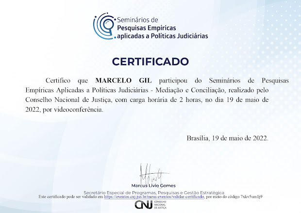 CERTIFICADO CONCEDIDO À MARCELO GIL PELO CONSELHO NACIONAL DE JUSTIÇA / 2022