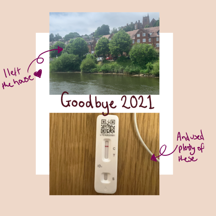Header image with handwritten Goobye 2021 on. Two pictures, one of a river bordered by trees and houses by the riverside. An arrow points to it and says ‘I left the house’ and a second image of a negative lateral flow test with an arrow pointing to it and saying ‘and I did lots of these’.
