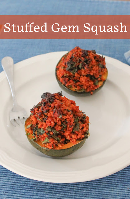 Food Lust People Love: Roasted Stuffed Gem Squash filled with herby, tomato-ey bulgur wheat is a thing of beauty and deliciousness but you can also kick it up a notch with the addition of Italian sausage.