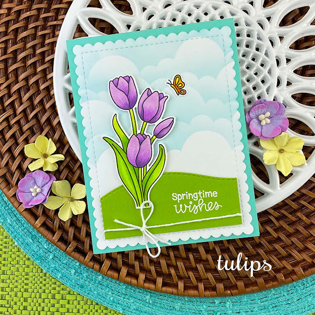 Springtime Wishes Tulip Card by Jennifer Jackson | Tulips Stamp Set, Sunscape Stencil, Land Borders Die Set and Clouds Stencil by Newton's Nook Designs