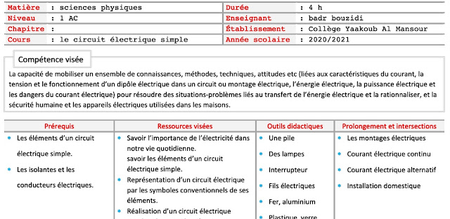 Fiche pédagogique : Circuit électrique simple | Phyique chimie | 1 Année Colège