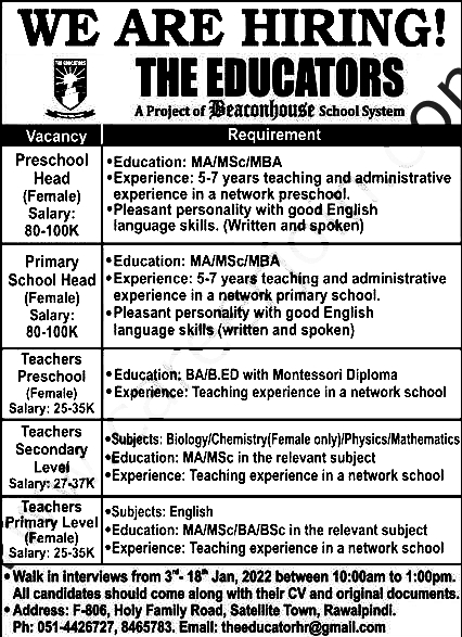 The Educators School Jobs January 2022