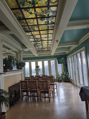 Tiffany glass skylight in the sunroom at the Arbor Lodge