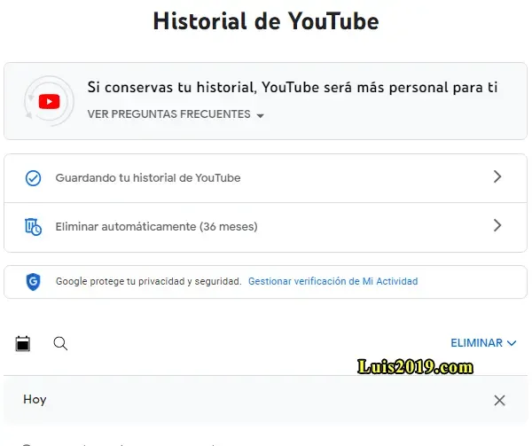 Borrar historial de youtube