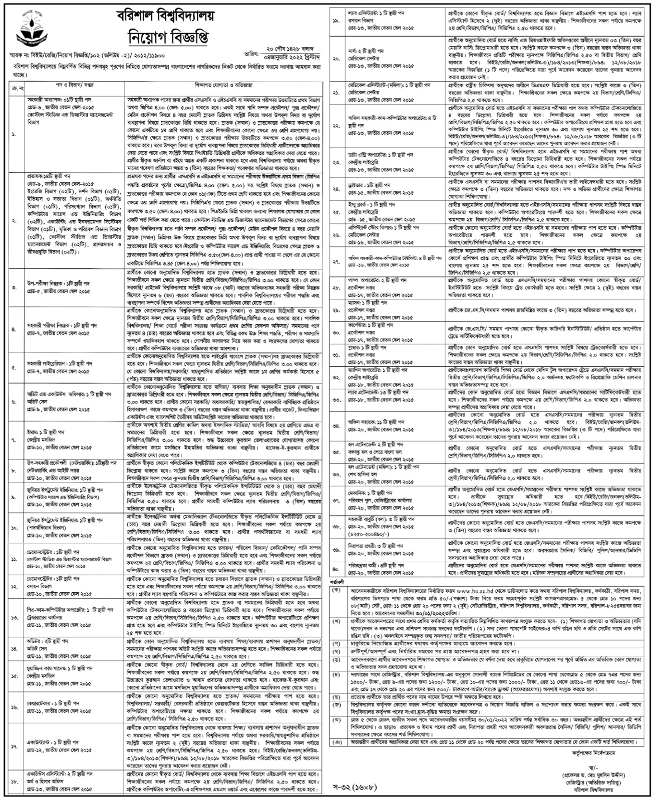 Barisal University govt  Job Circular 2022- bu.ac.bd Apply