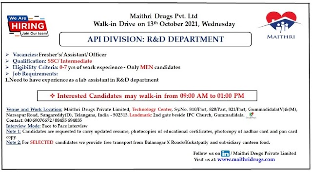 Maithri Drugs | Walk-in for Freshers and Expd in R&D on 13th Oct 2021