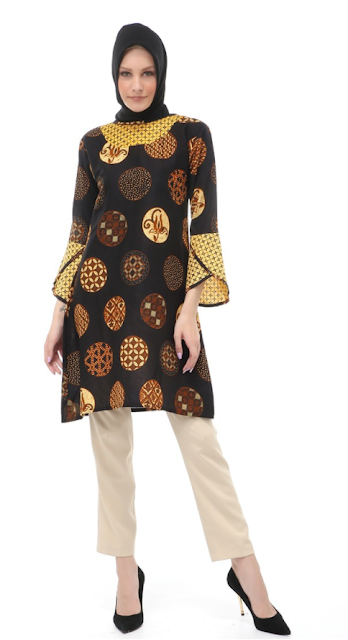 Evernoon Tunik Batik Modern Motif Koin Atasan Wanita Muslimah Fashionable - Coklat