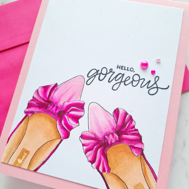 Alex Syberia be girly digital stamp,  Alex Syberia shoe card, Alex Syberia heel card, handmade card for shoe lover, heel lover's card, birthday card for girlfriend, quillish, Copic coloring