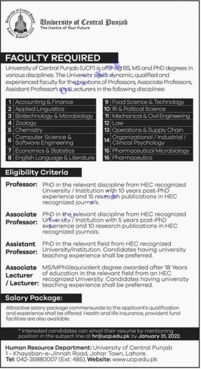 University of Central Punjab New Jobs 2022 – UCP Job Advertisement