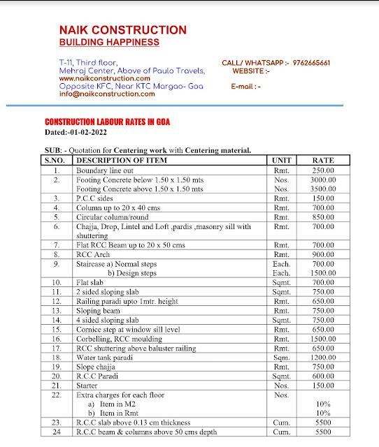 Building Construction Rate Chart list Goa 2022