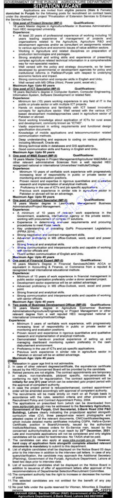 Agriculture Department Jobs in Lahore 2021