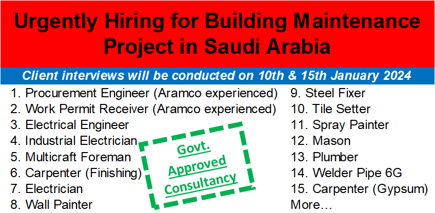 Urgently Hiring for Building Maintenance Project in Saudi Arabia
