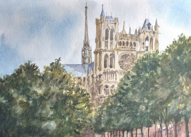 A watercolour of trees in front of Amiens Cathedral, entitled "Cathédrale Notre-Dame d'Amiens," by William Walkington in 1993