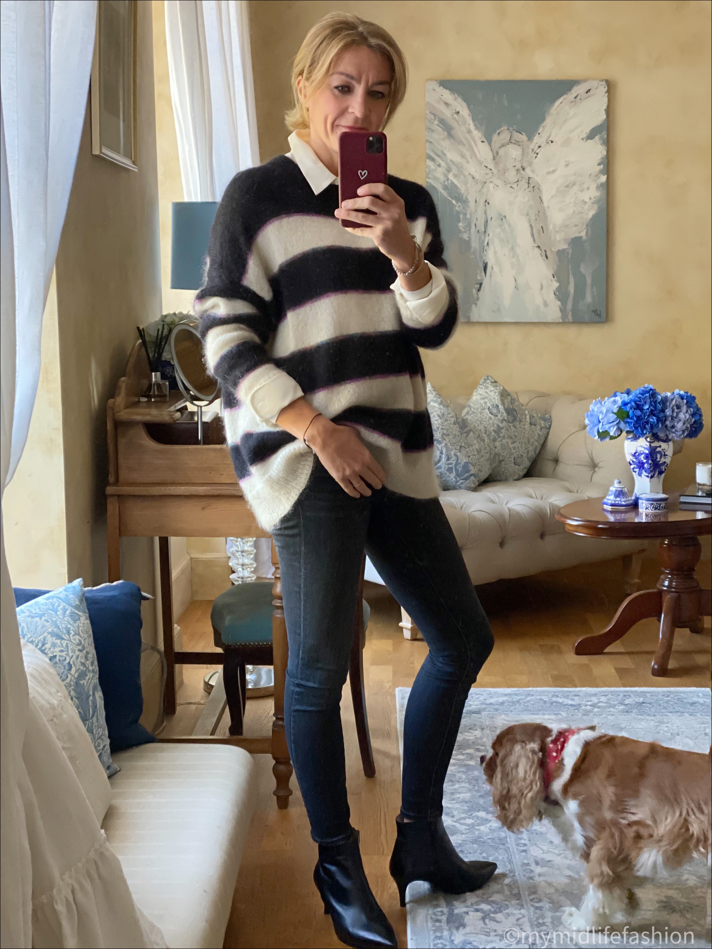 my midlife fashion, marks and Spencer silk shirt, Isabel Marant Etoile mohair stripe jumper, j crew 9 inch toothpick skinny jeans, sole bliss kitten heel ankle boots