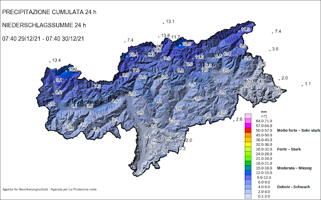 La precipitazione cumulata dell’evento mostra il forte gradiente nord-sud. Le precipitazioni più consistenti si sono registrate in alta Val Venosta.