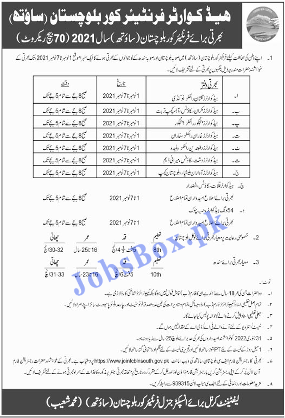Join FC Jobs 2021 – Frontier Corps South Balochistan Jobs