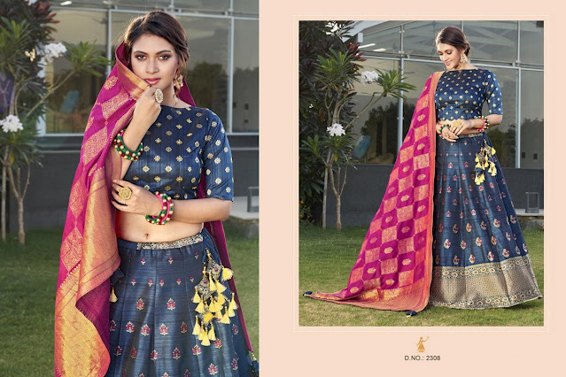 Navy Blue Silk Weaving Butti And Border Lehenga