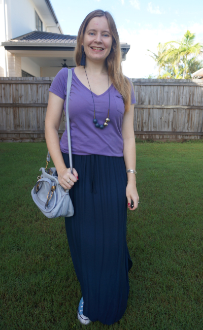 lilac v-neck tee with navy maxi skirt Converse and Chloe paraty bag | awayfromblue