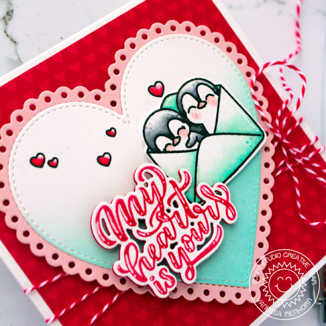 Sunny Studio Stamps: Stitched Heart Die & Scalloped Heart Die Card by Vanessa Menhorn (featuring Passionate Penquins, Lovey Dovey)