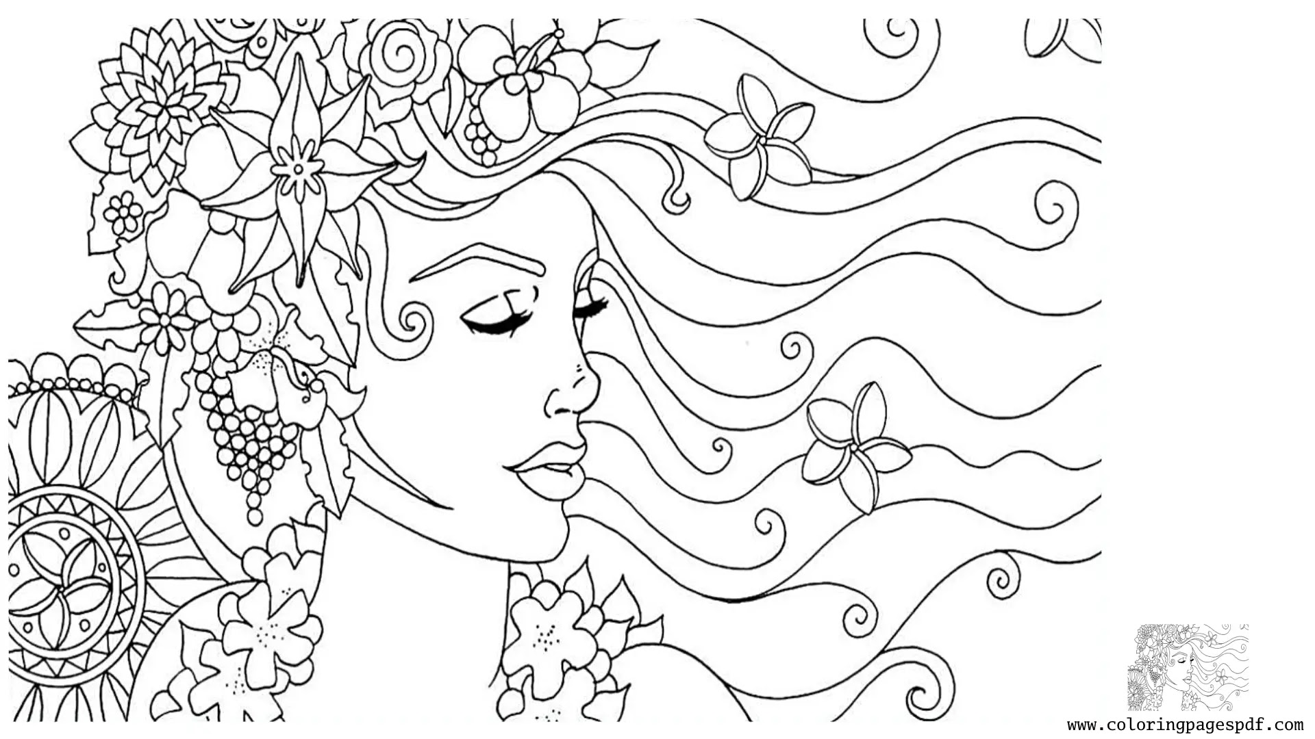 Coloring Pages Of A Woman With Grapes And Flowers On Her Hair