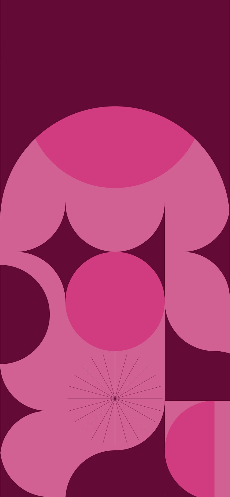 Minimalist abstract design with pink and purple shapes on a dark background.
