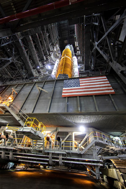 A low-angle snapshot of the Space Launch System rocket inside the Vehicle Assembly Building at NASA's Kennedy Space Center in Florida...on March 16, 2022.