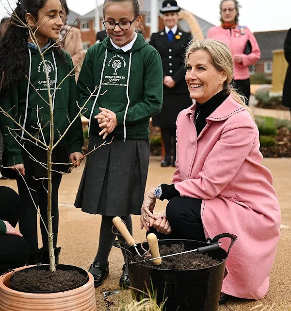 Countess of Wessex wore an outlined peter pan pink coat from Prada. The Queen's Green Canopy. Matthew’s House