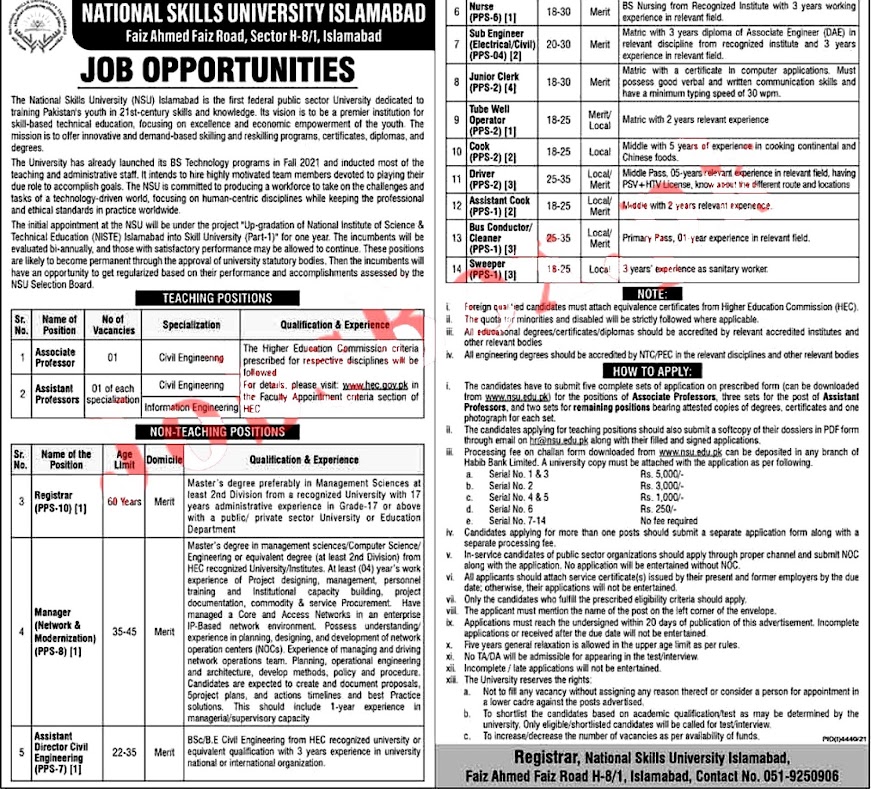 NSU National Skills University Islamabad 2022 Jobs