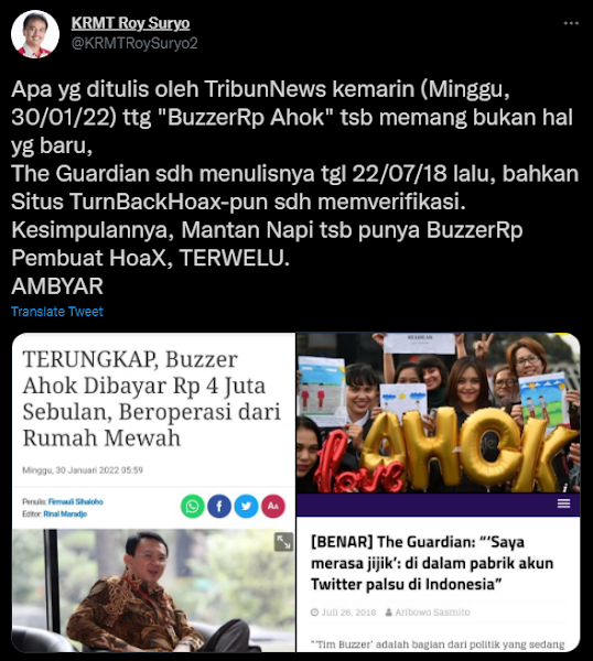 Roy Suryo berikan sindiran keras kepada mantan Gubernur DKI Jakarta Roy Suryo Sentil Ahok: Mantan Napi yang Punya BuzzerRp Pembuat Hoax