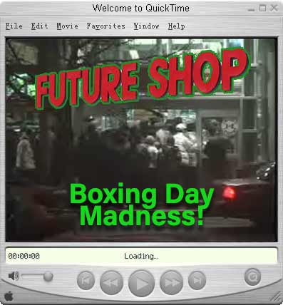 A Quicktime video player window showing shoppers on Boxing Day at Future Shop in 2004