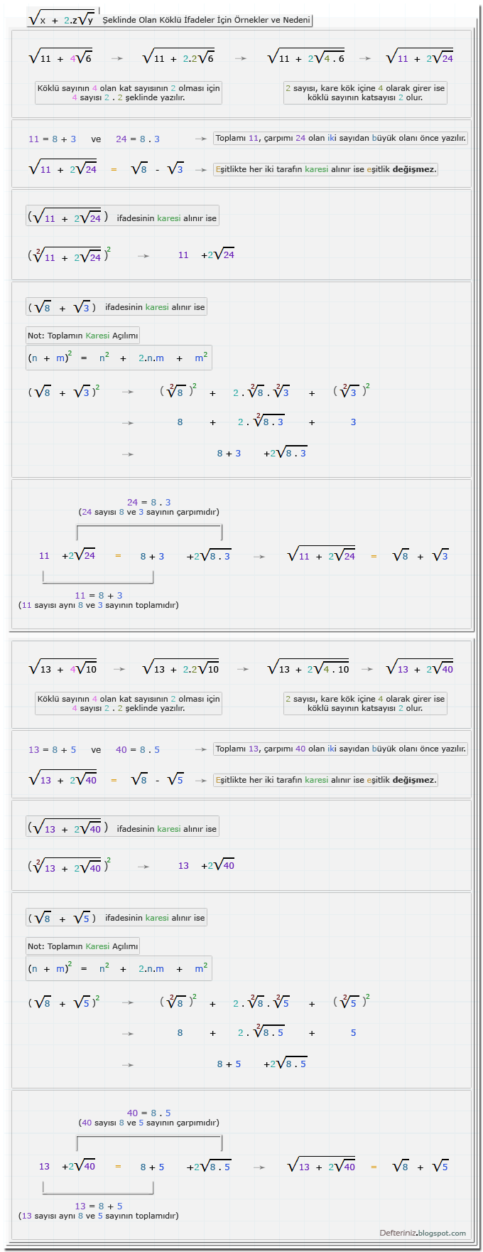 Örnek-32 » √(x + 2.z√y) şeklinde olan köklü ifadeler ve nedeni ile (√a + √b) şeklinde olan ifadelerin karesi için örnekler.