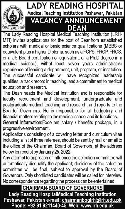 Lady Reading Hospital Medical Teaching Institution Dean Post Available 