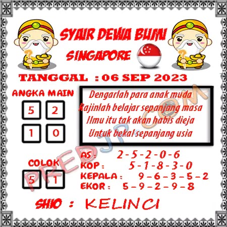 Prediksi Dewa Bumi Togel Singapura Rabu 06 September 2023