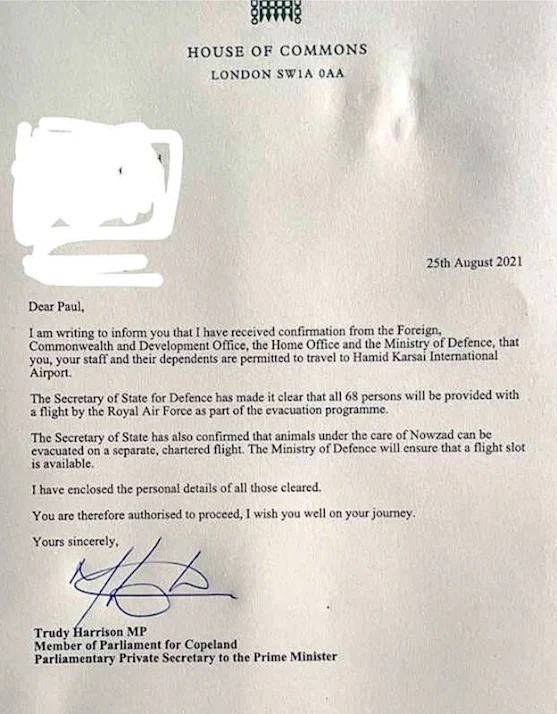 Letter from Ms Harrison MP to Paul Farthing of Nowzad showing the alleged involvement of Boris Johnson in the evacuation of animals from Kabul