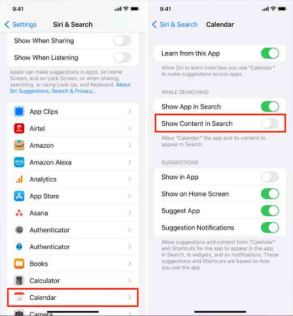 قم بإيقاف تشغيل إظهار المحتوى في البحث في تطبيق إعدادات iPhone لمنع البيانات داخل التطبيق من الظهور في iOS Spotlight Search