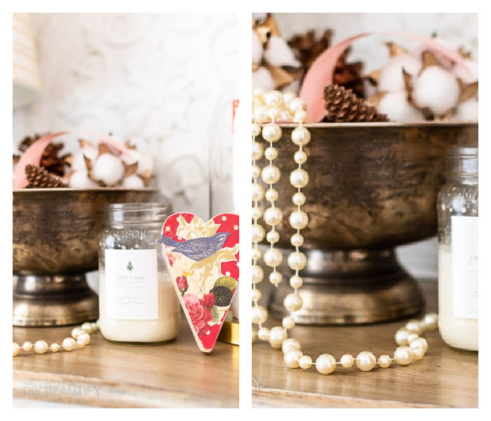 tarnished urn, candle, pearls and glass cloche with vintage Bingo card