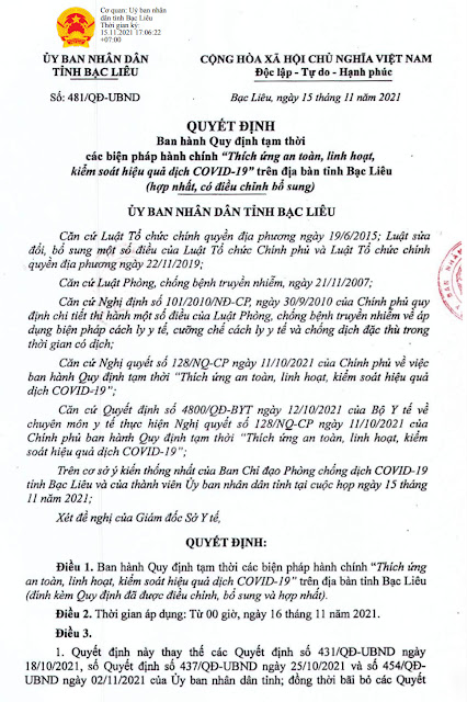 Quyết định số 481 UBND tỉnh Bạc Liêu ngày 15/11/2021