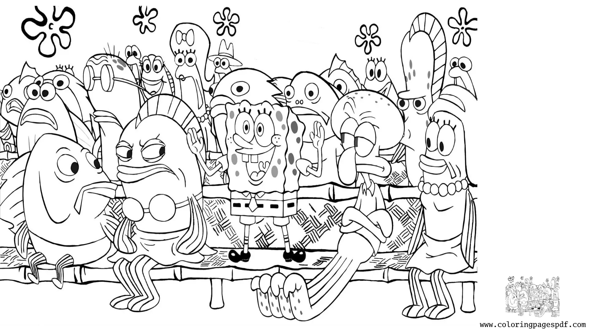 Coloring Pages Of Excited SpongeBob In A Crowd