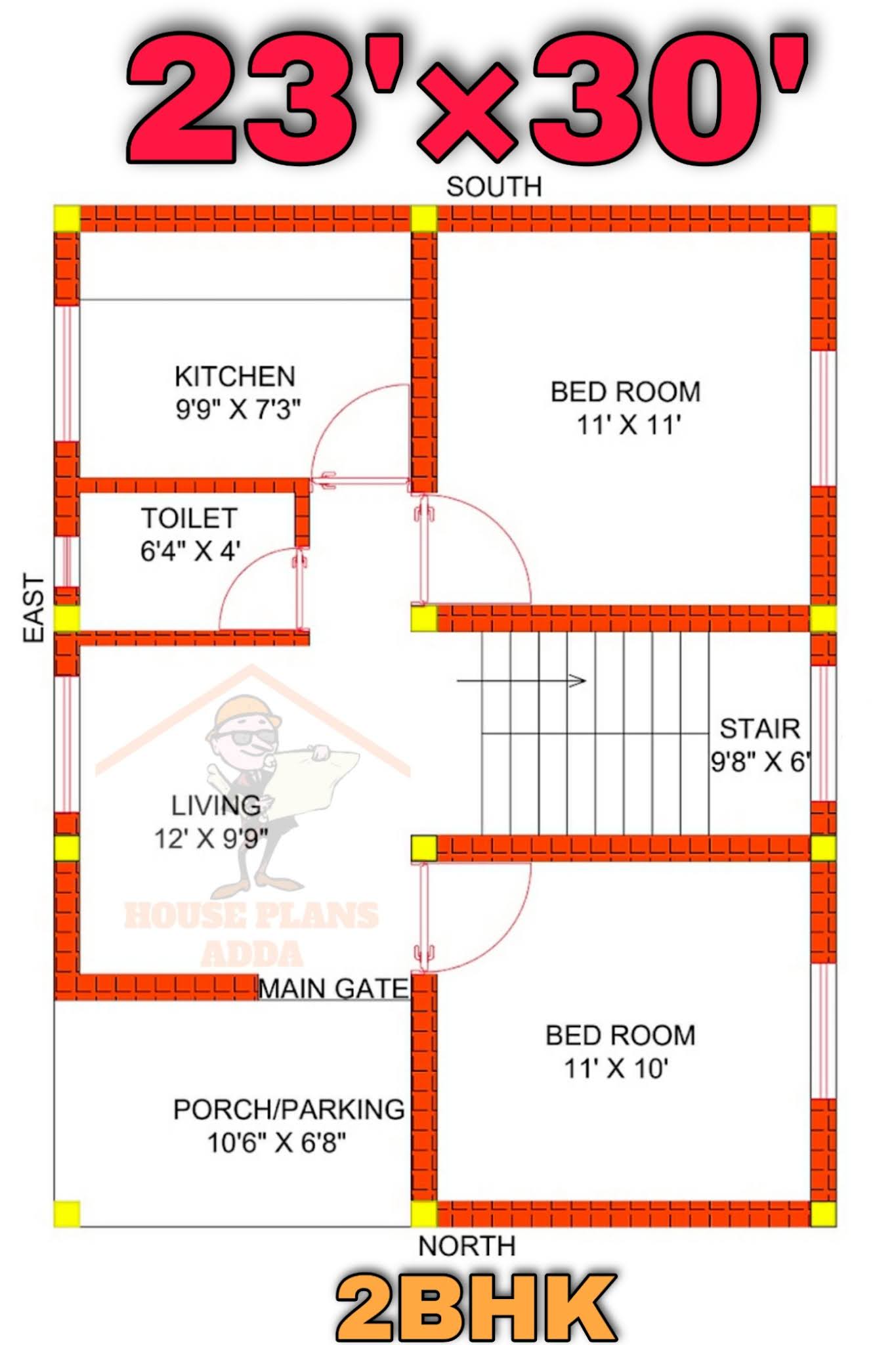 North facing house 23×30 2bhk house plan