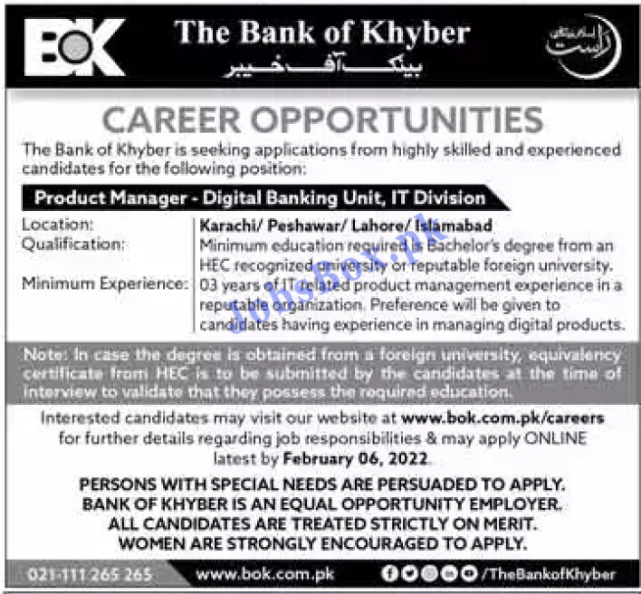 BOK Bank of Khyber Jobs 2022 in Pakistan