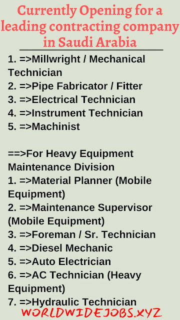 Currently Opening for a leading contracting company in Saudi Arabia